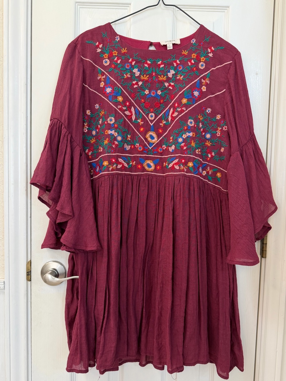Umgee Multicolor Floral Embroidered Tunic Burgundy Dress